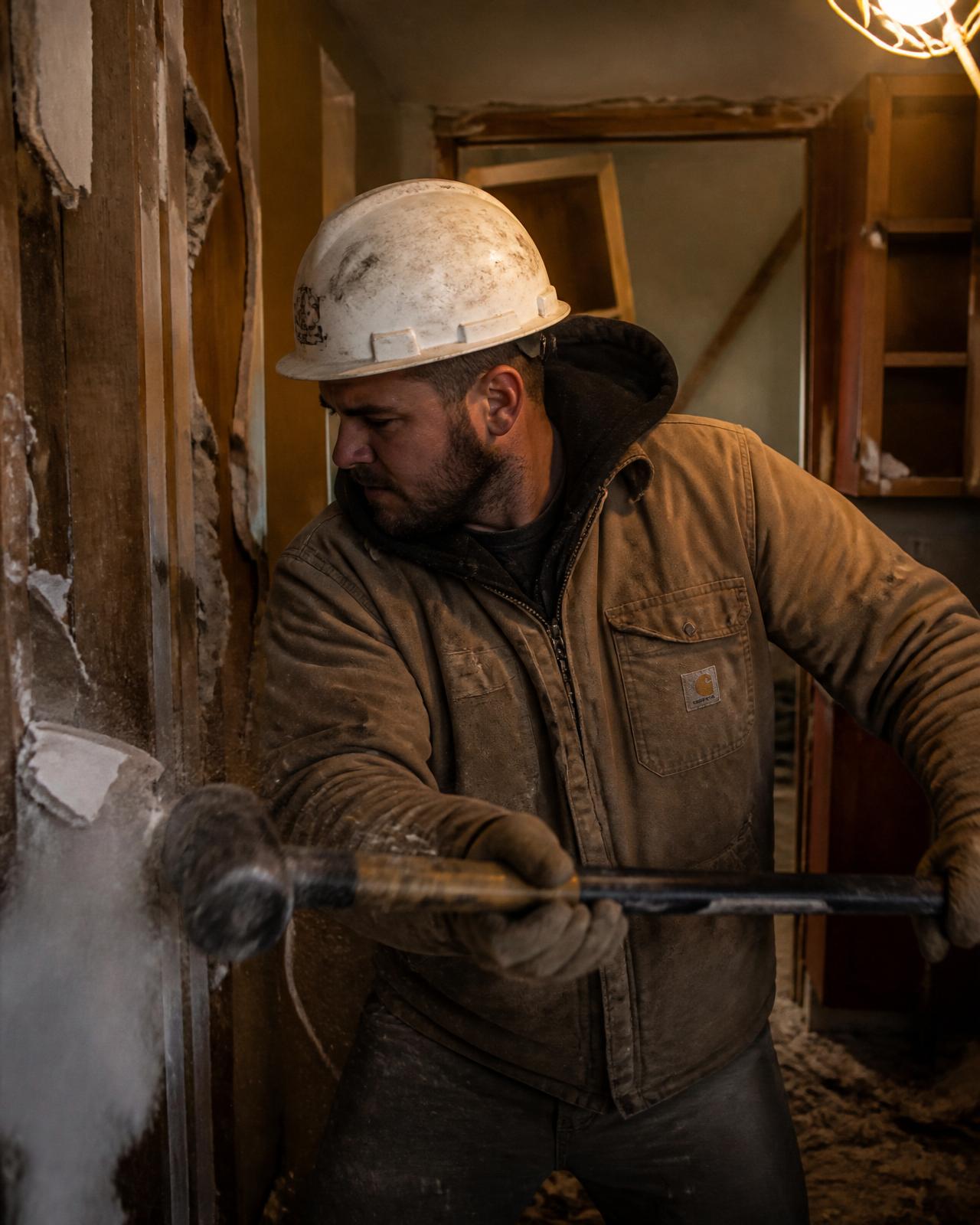 Demolition crew member breaking down interior drywall with a sledgehammer